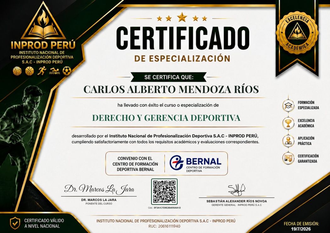 Muestra del certificado oficial de INPROD Perú, con folio único y código QR verificable