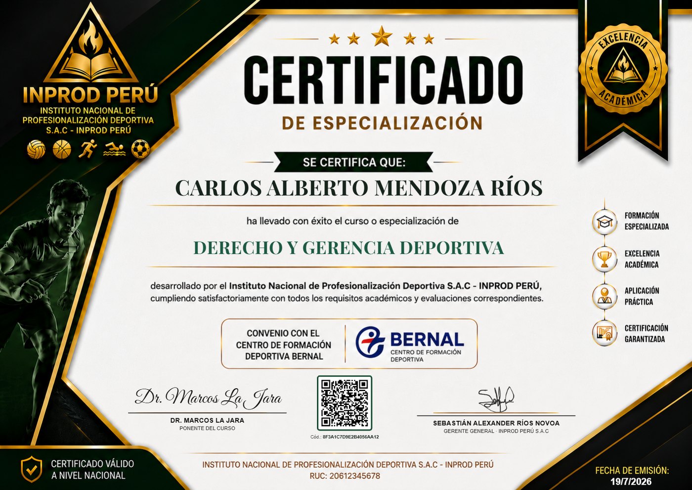 Muestra del certificado oficial de INPROD Perú, con folio único y código QR verificable
